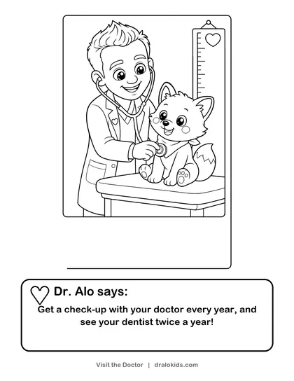 Coloring page: Cartoon Dr. Alo listening to Pip the fox's heartbeat at a check-up