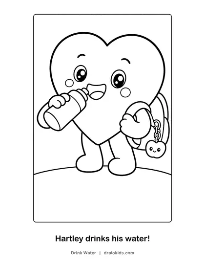 Coloring page: Hartley the Heart drinking from a water bottle