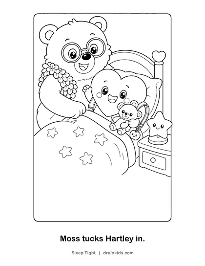 Coloring page: Moss the bear tucking Hartley into bed