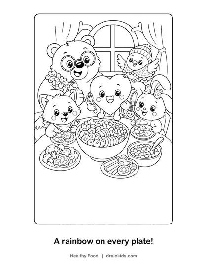 Coloring page: The friends around a table full of colorful fruits and veggies