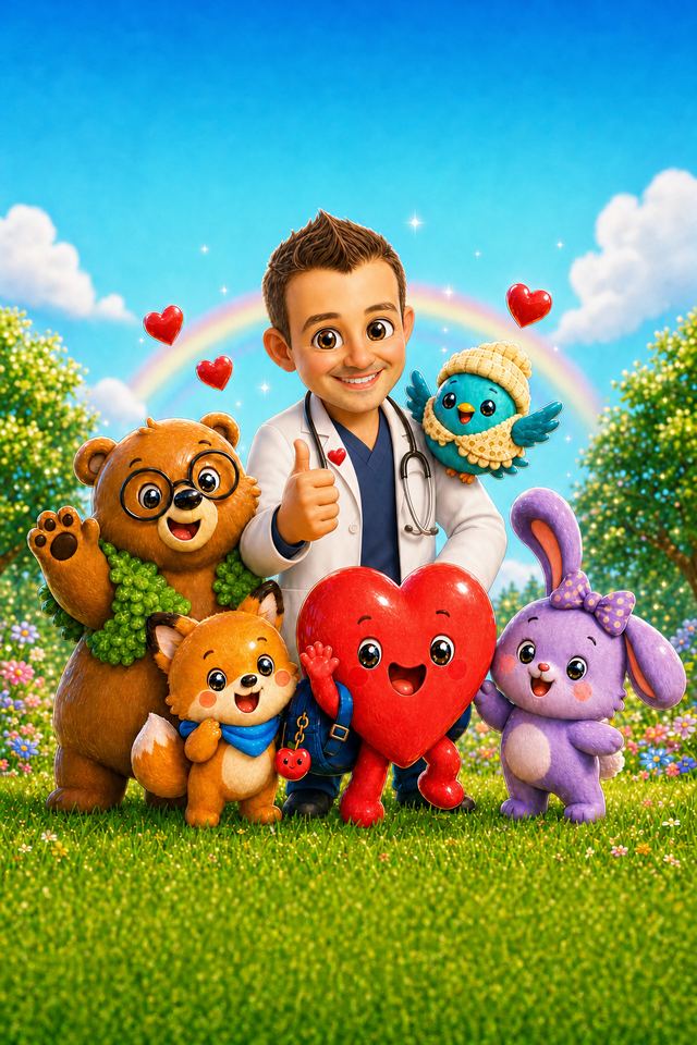 Cartoon Dr. Alo giving a thumbs up with Moss, Pip, Hartley, Dot and Nana Wren