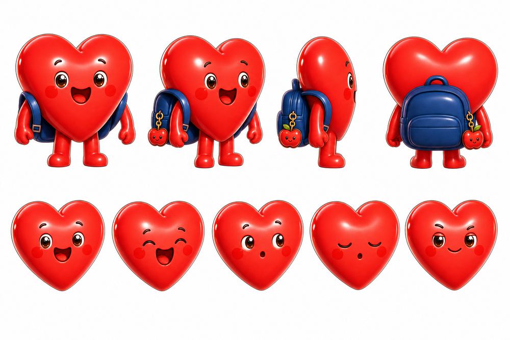 Hartley the Heart character sheet: front, side and back views and five happy expressions